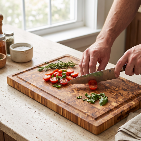 Premium olive wood cutting board used for chopping vegetables, bread, and food preparation.