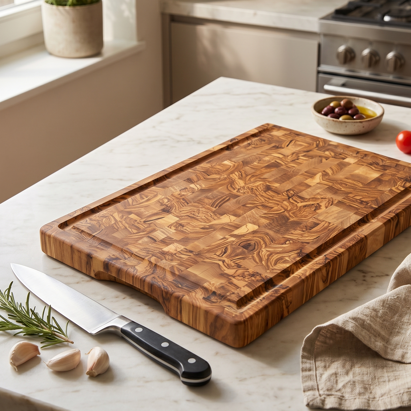 Handmade olive wood chopping board displayed in a modern kitchen as a luxury natural kitchen accessory.