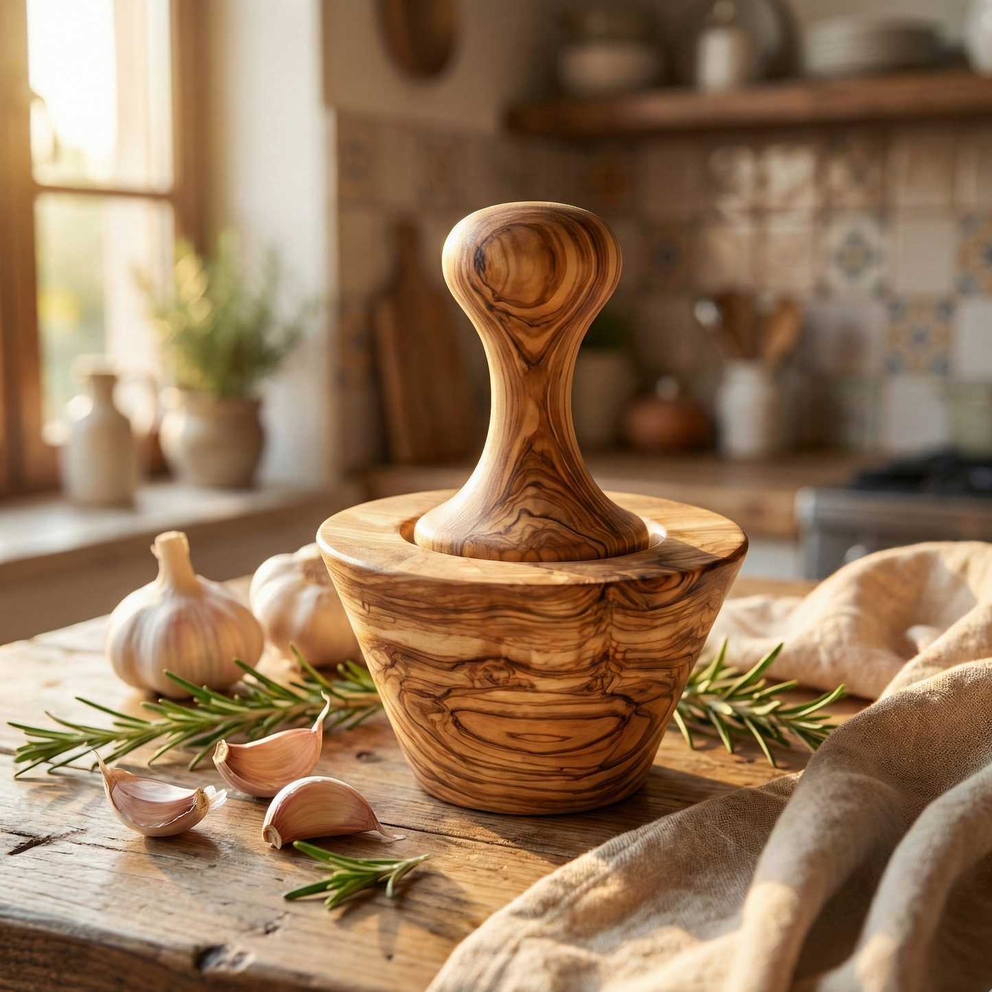 Olive wood garlic crusher and masher designed for crushing garlic cloves and preparing fresh ingredients.
