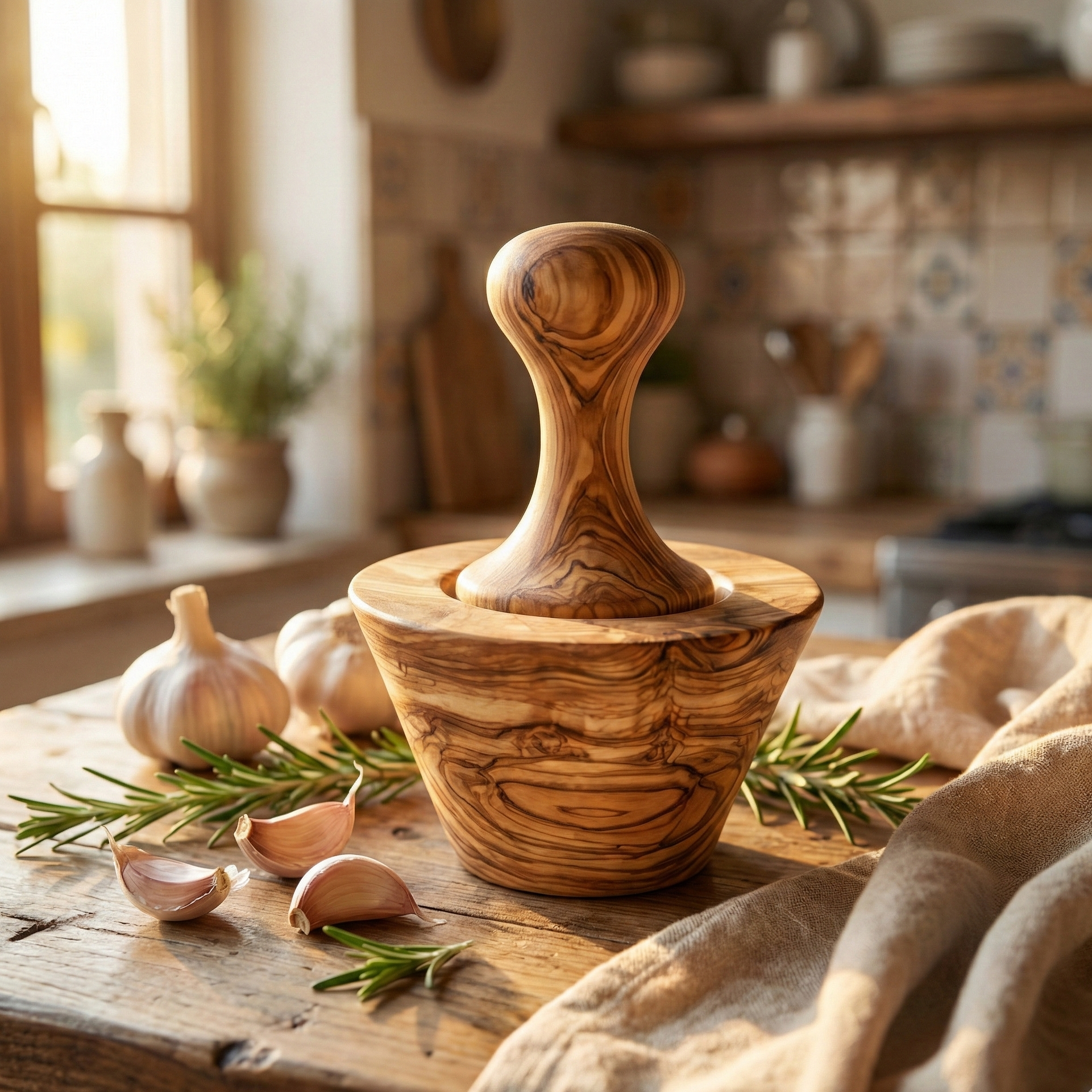 Olive wood garlic crusher and masher designed for crushing garlic cloves and preparing fresh ingredients.