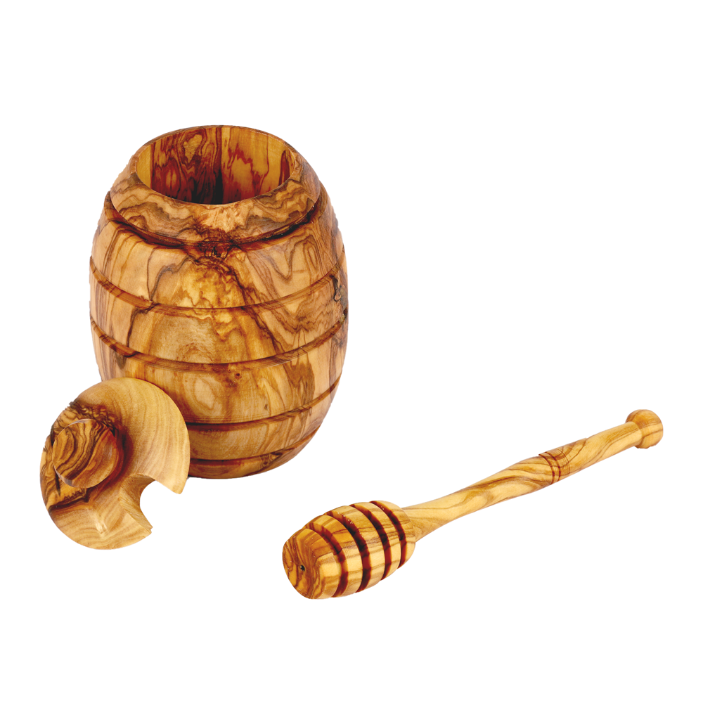 Handmade olive wood honey jar with a lid and a honey dipper, showcasing the natural grain of the wood.