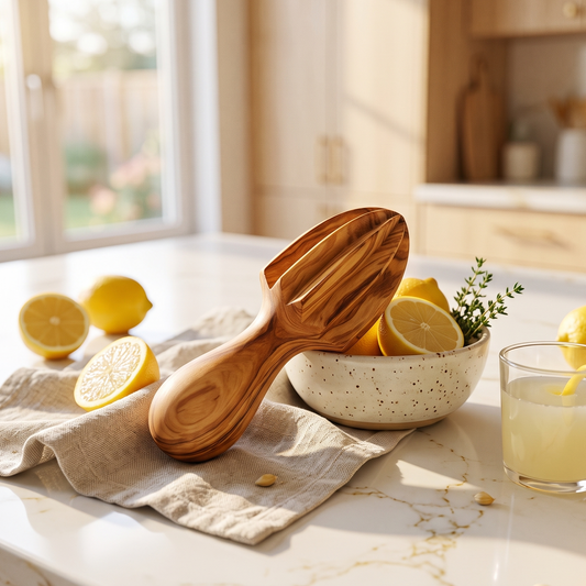 Close-up view of the natural olive wood grain, smooth texture, and handcrafted details of a premium wooden lemon juicer.
