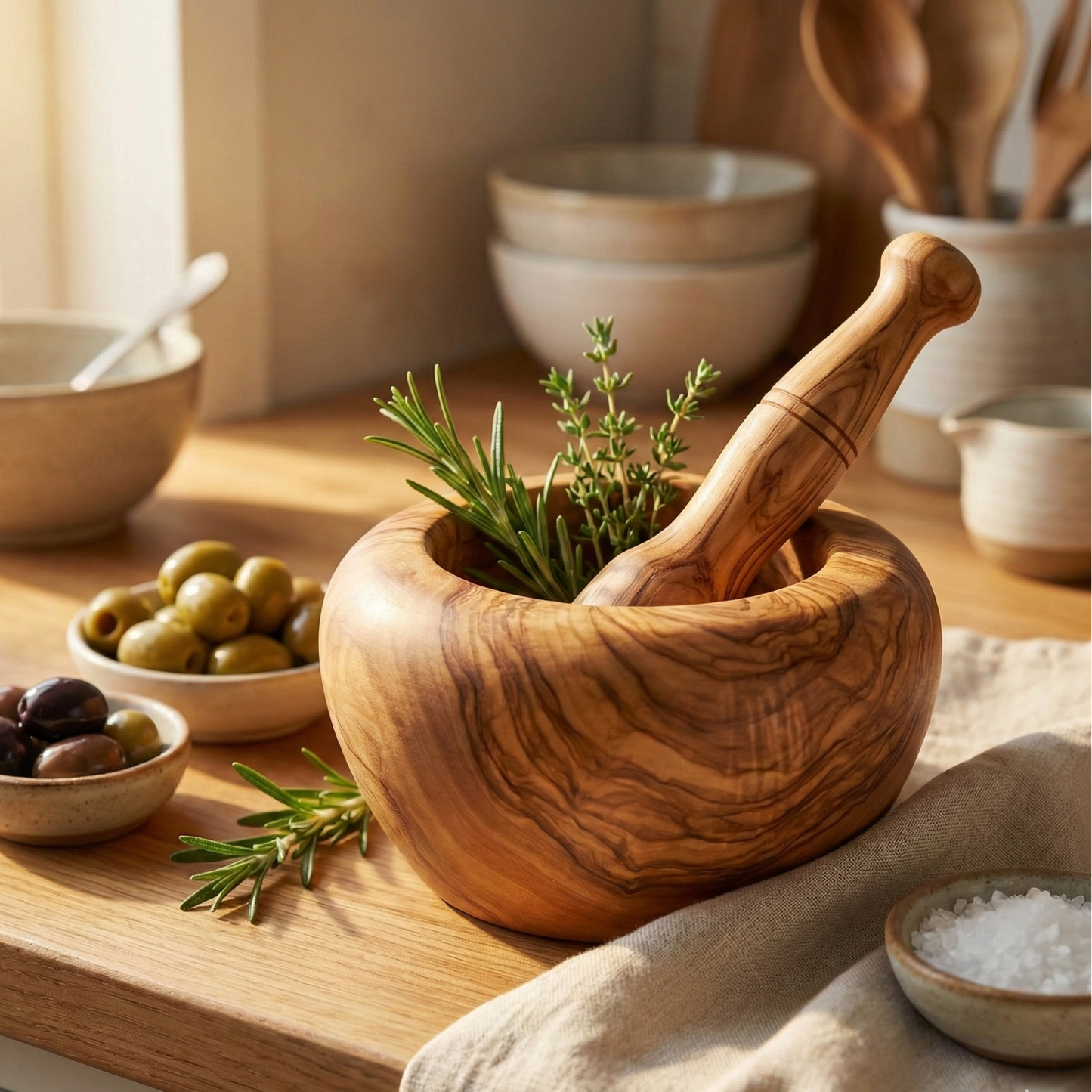 Rounded olive wood mortar and pestle set designed for grinding herbs, spices, and seasonings in the kitchen.