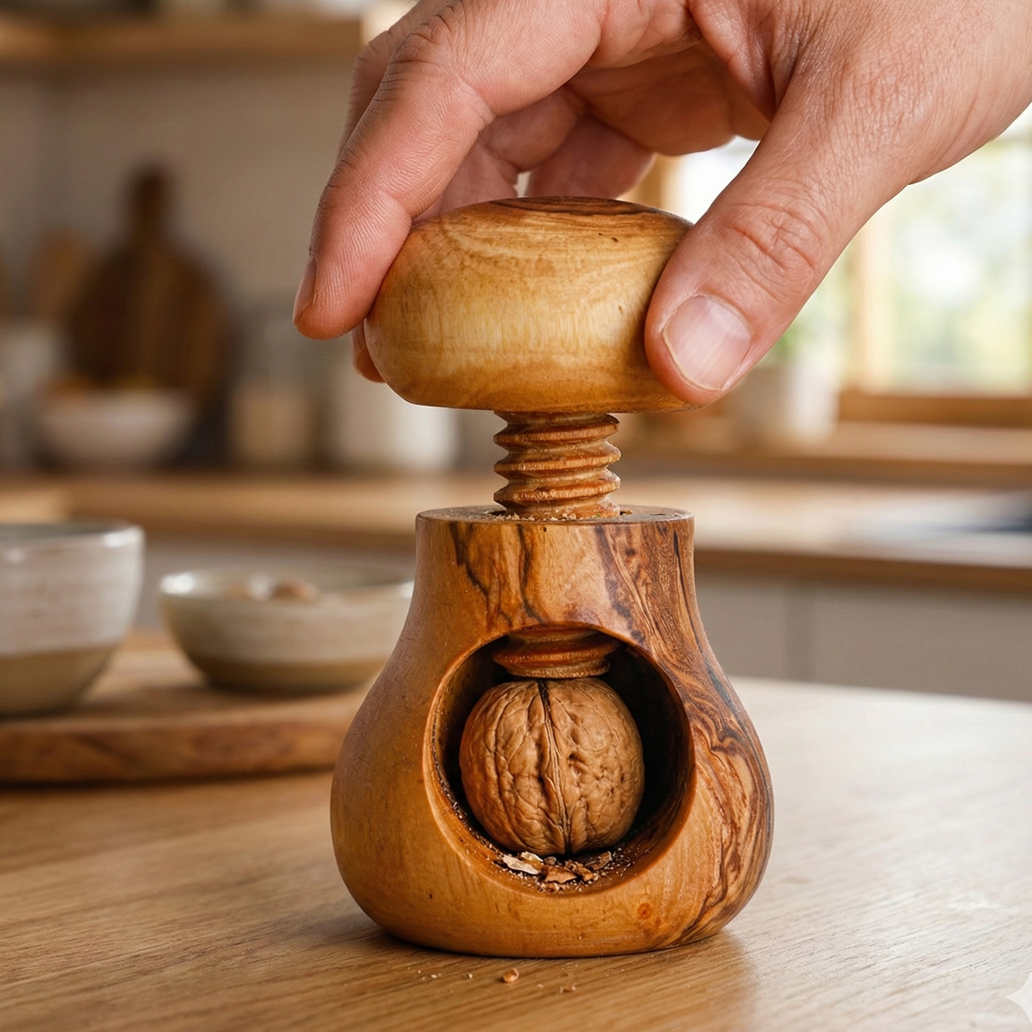 Handmade wooden nut cracker used for opening walnuts, almonds, and other nuts in the kitchen.