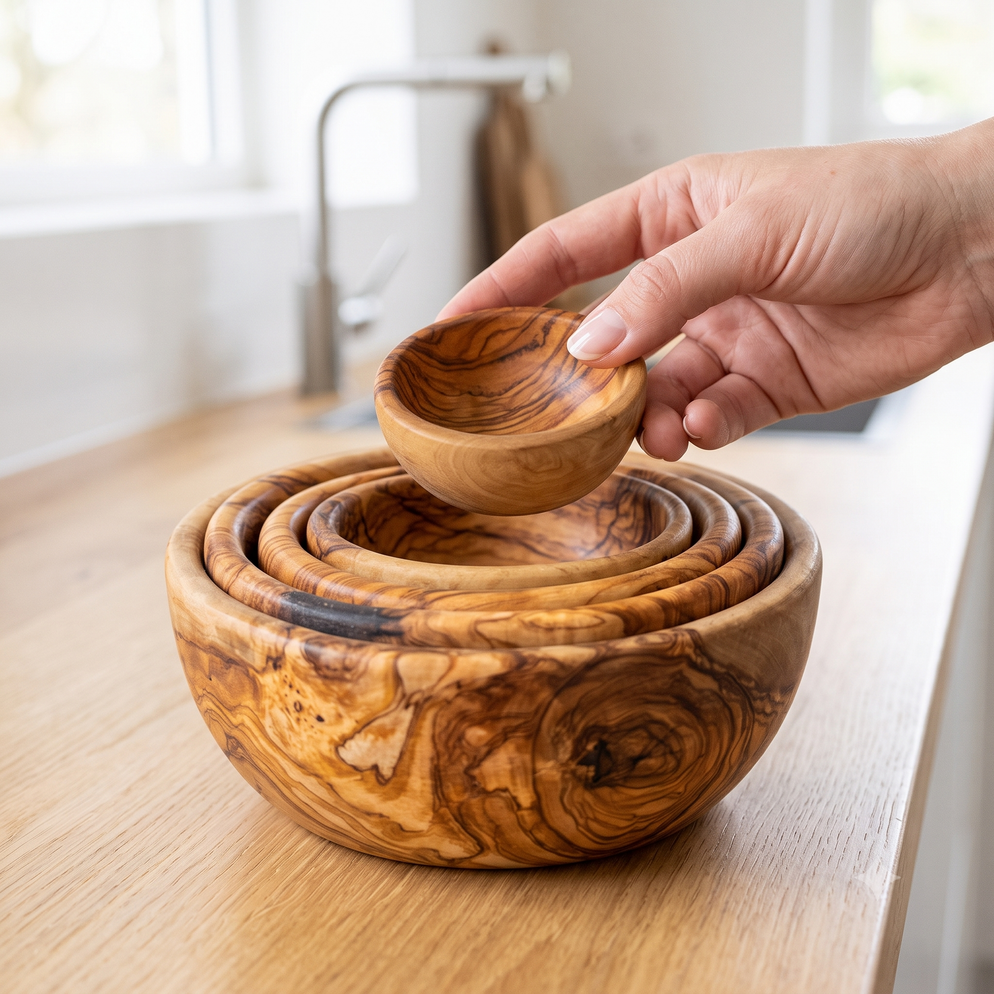 A hand holds a small olive wood bowl above a set of nested olive wood bowls with rich natural grain patterns, set on a  countertop in a kitchen.