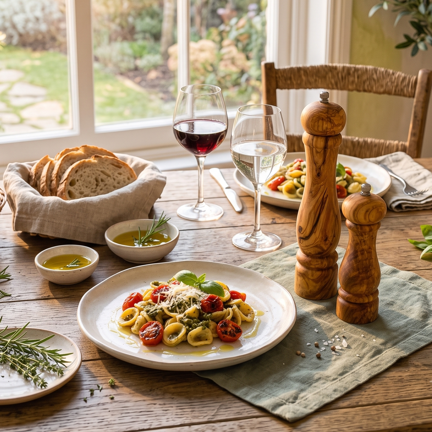 olive wood salt and pepper grinder set styled on a beautiful dining table as a natural kitchen accessory.