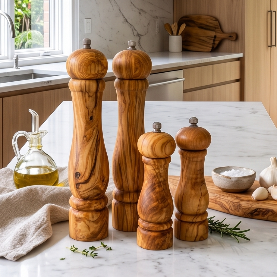 Handmade olive wood salt and pepper grinder set styled on a beautiful dining table as a natural luxury kitchen accessory.