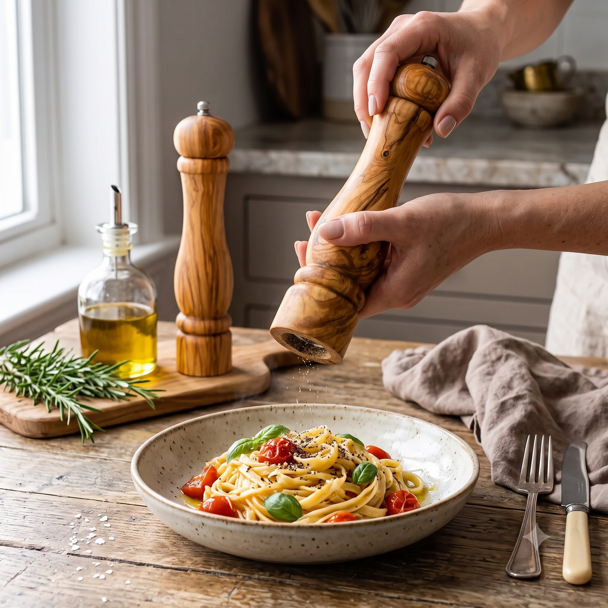 Hand using a handmade olive wood salt and pepper grinder set to season food, showcasing elegant design and practical kitchen functionality.