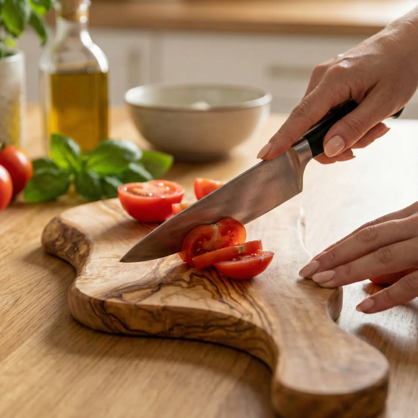 Person slicing tomatoes and vegetables on an olive wood cutting board with kitchen items in the background