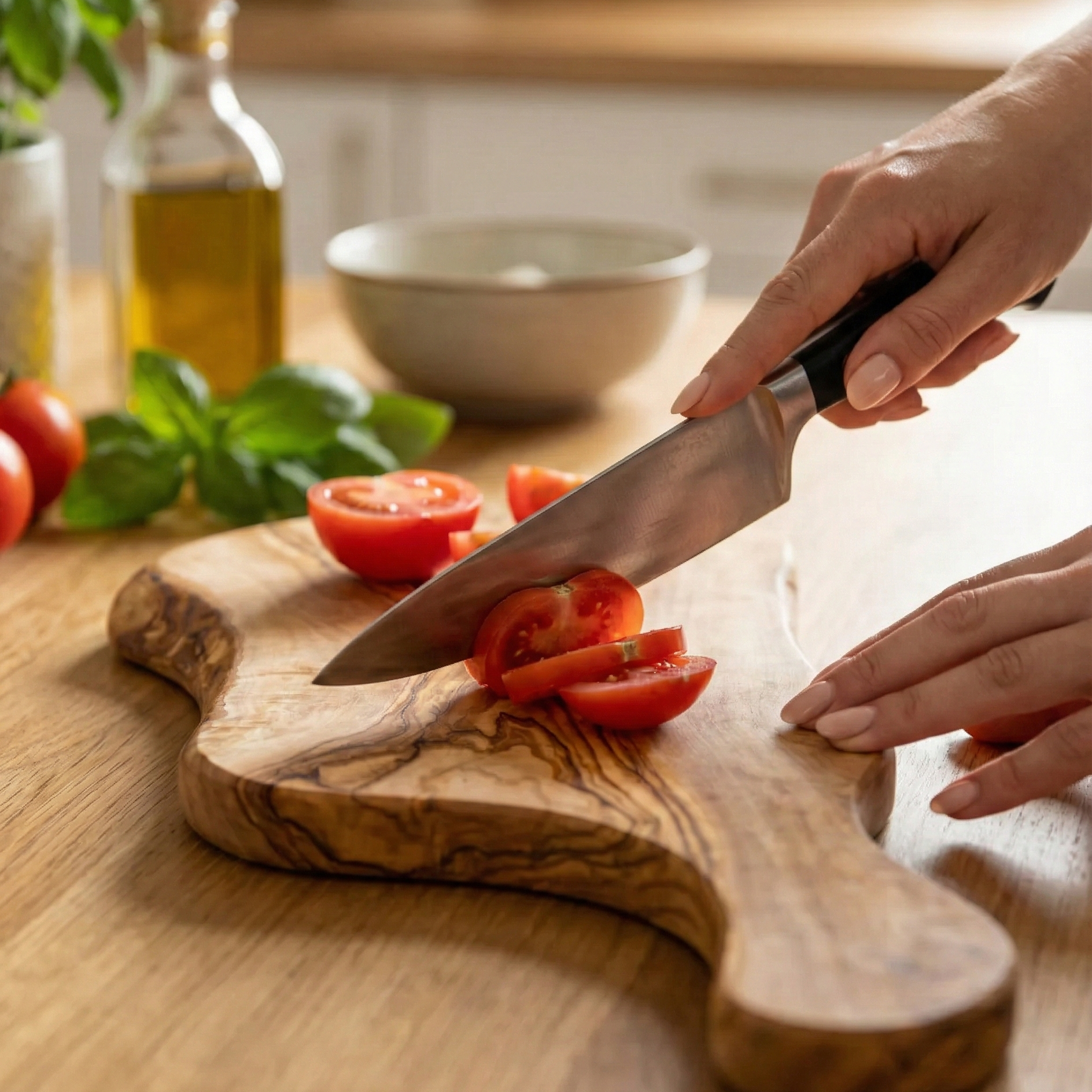 Person slicing tomatoes and vegetables on an olive wood cutting board with kitchen items in the background