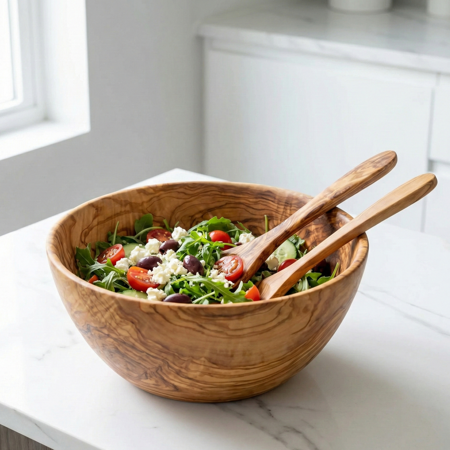 Handmade olive wood salad bowl filled with fresh salad and paired with matching wooden serving spoon and fork.