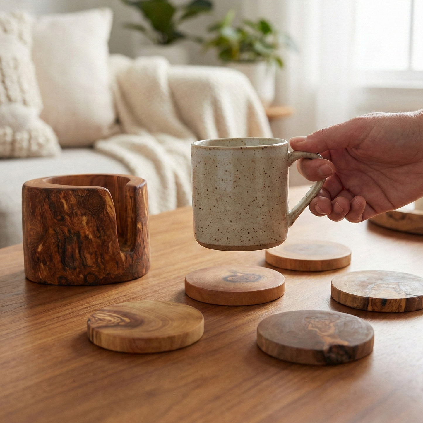 Handmade rustic olive wood coasters, set of 6, featuring unique natural wood grain and organic edges.