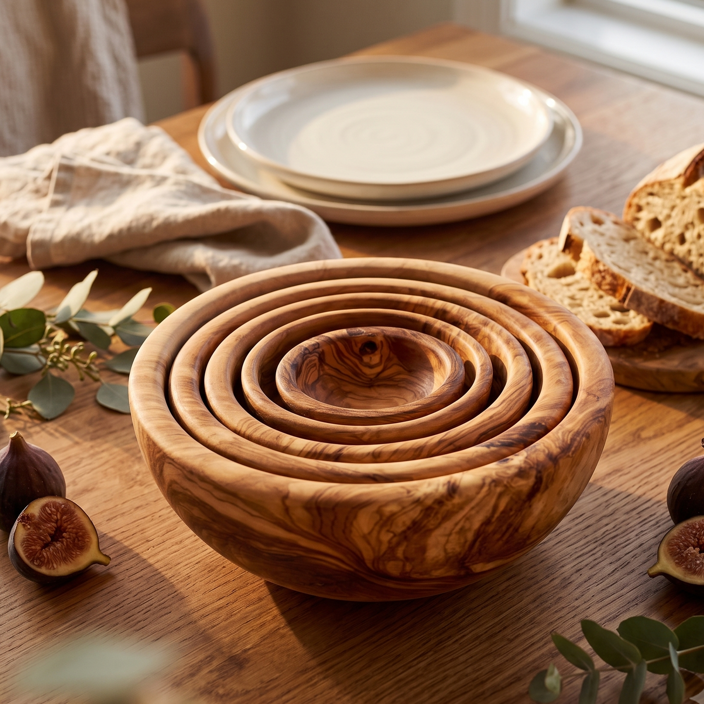 Handmade olive wood nesting bowls displayed on a dining table as elegant serving bowls and natural home décor.