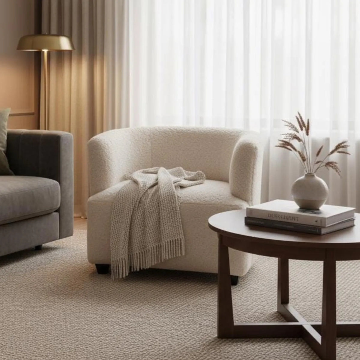 Handmade shaved lambskin armchair styled in a contemporary living room, adding warmth, comfort, and artisan elegance to the space.