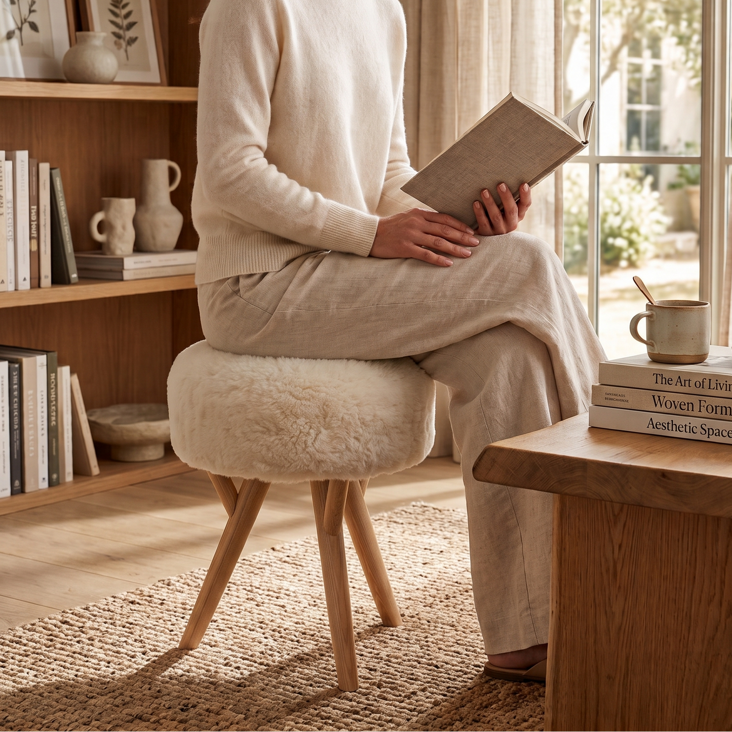 Handmade shaved lambskin stool styled in a sophisticated living room, bringing warmth, texture, and artisan elegance to premium interiors.