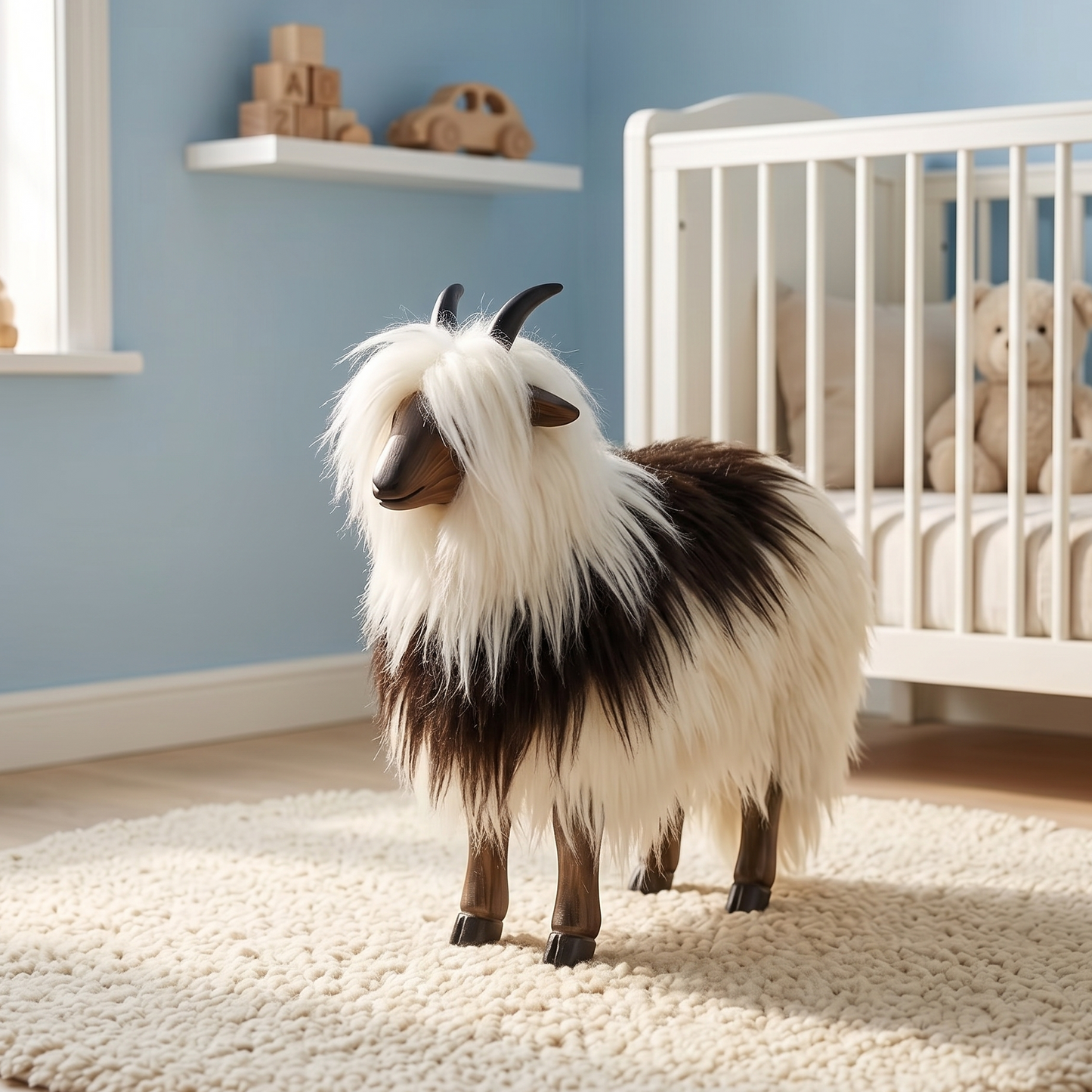 wooden goat in a nursery with a crib and toys in the background