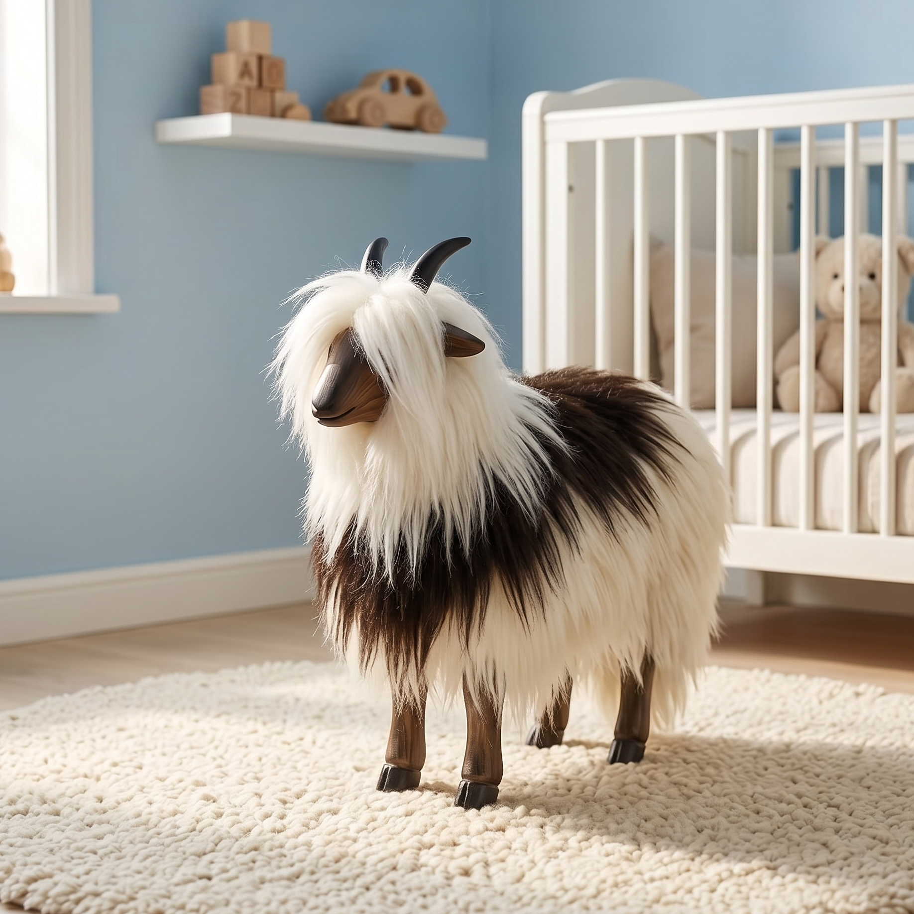 wooden goat in a nursery with a crib and toys in the background