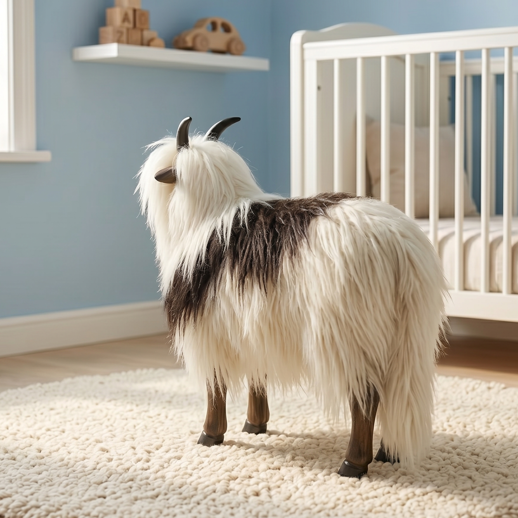 Goat standing on a rug in a room with a crib and shelves and toys.