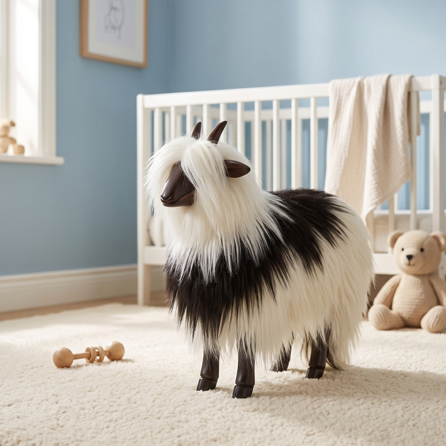 a small goat in a child's bedroom with a crib and teddy bear in the background.