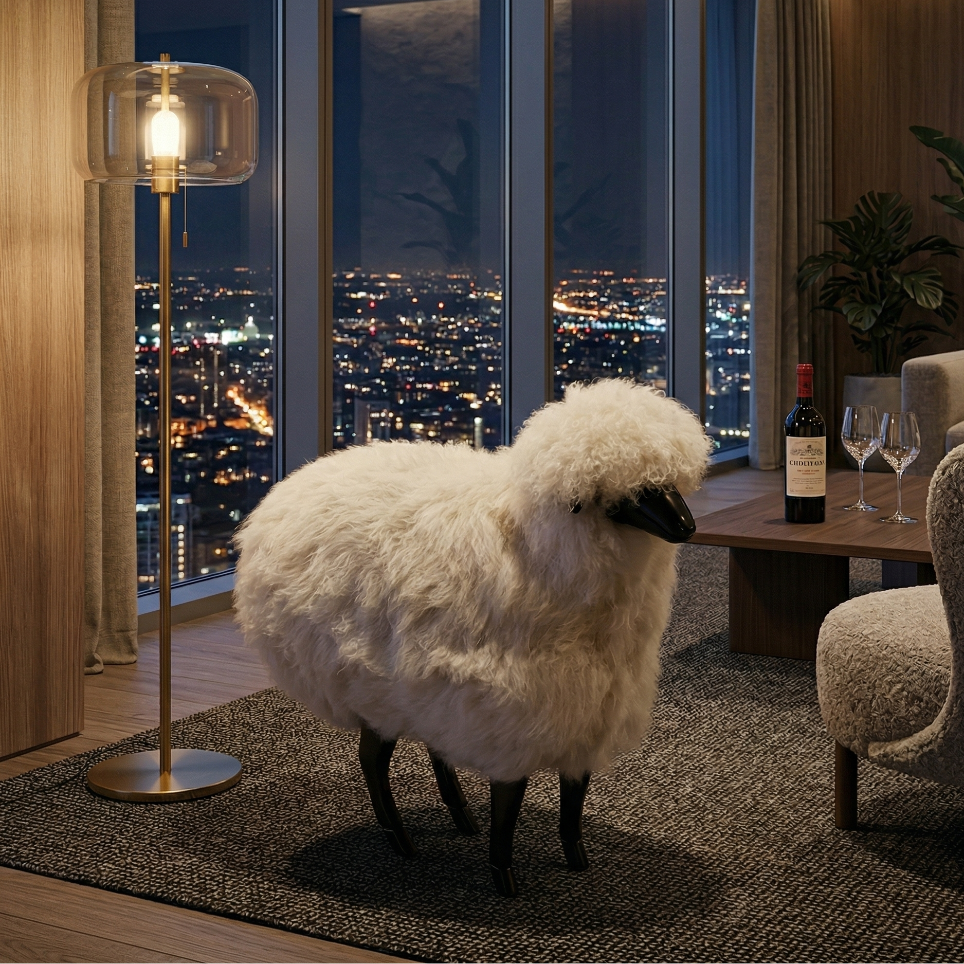 White sheep in a modern living room apartment with cityscape view.