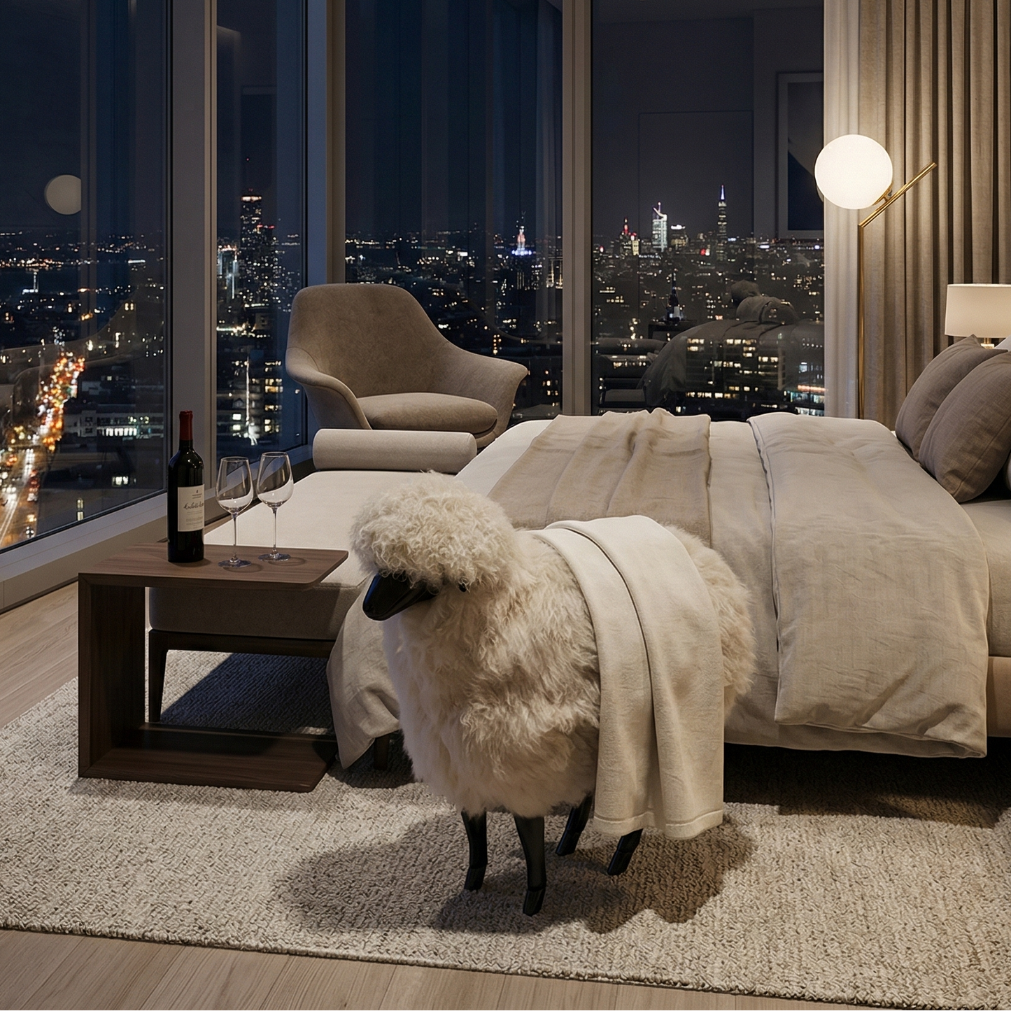 Modern bedroom with cityscape view, wooden sheep, and wine setup