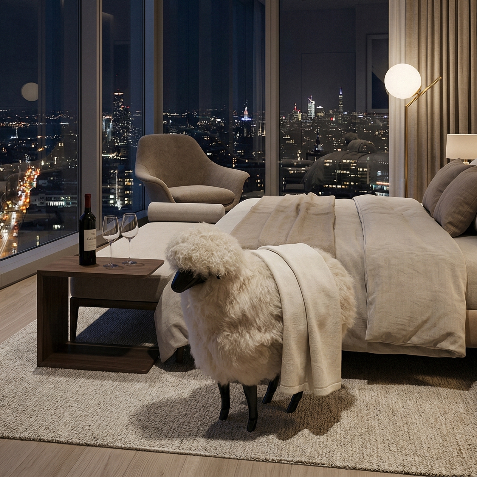 Modern bedroom with cityscape view, wooden sheep, and wine setup