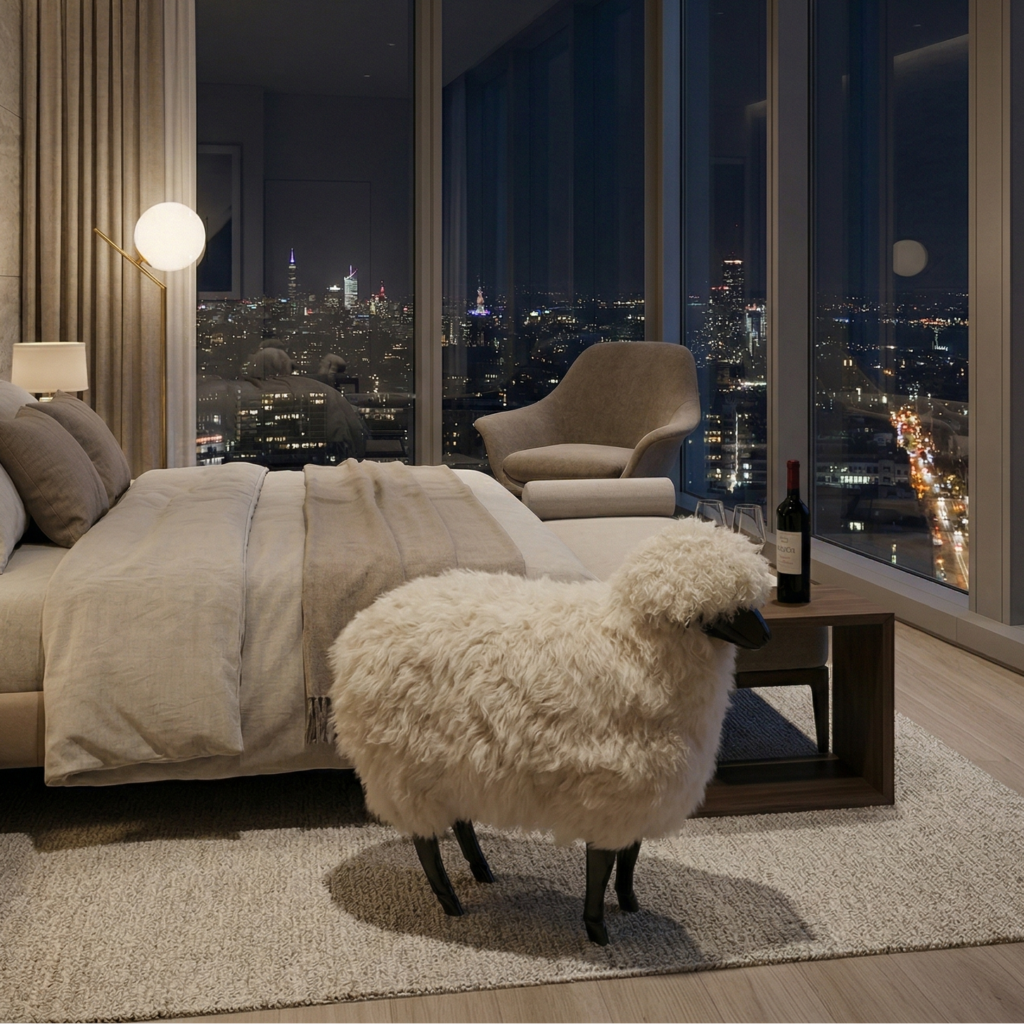 Modern bedroom with cityscape view, wooden sheep decoration, and wine bottle.