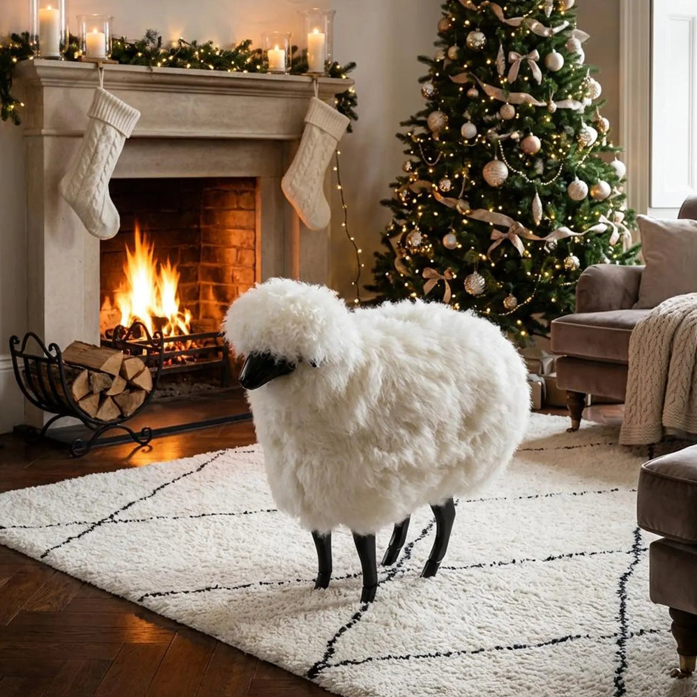 White sheep in a living room with a Christmas tree and fireplace.