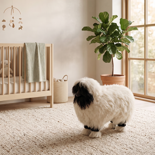 small sheep on a carpeted floor in a room with a crib, plant, and window.