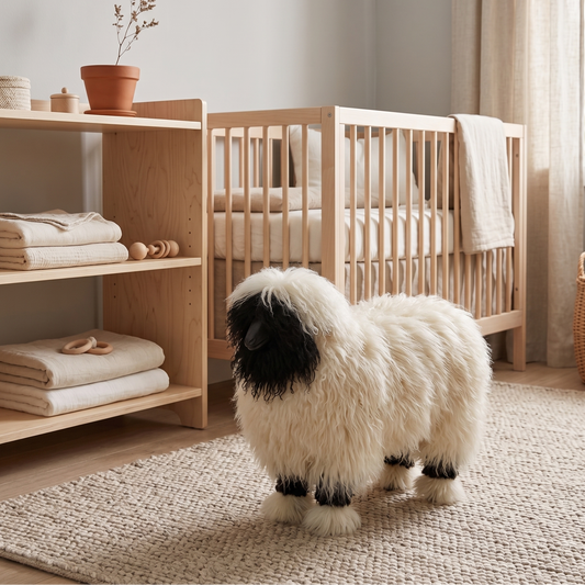 fluffy blacknose wooden sheep standing in a nursery with wooden crib and shelves.