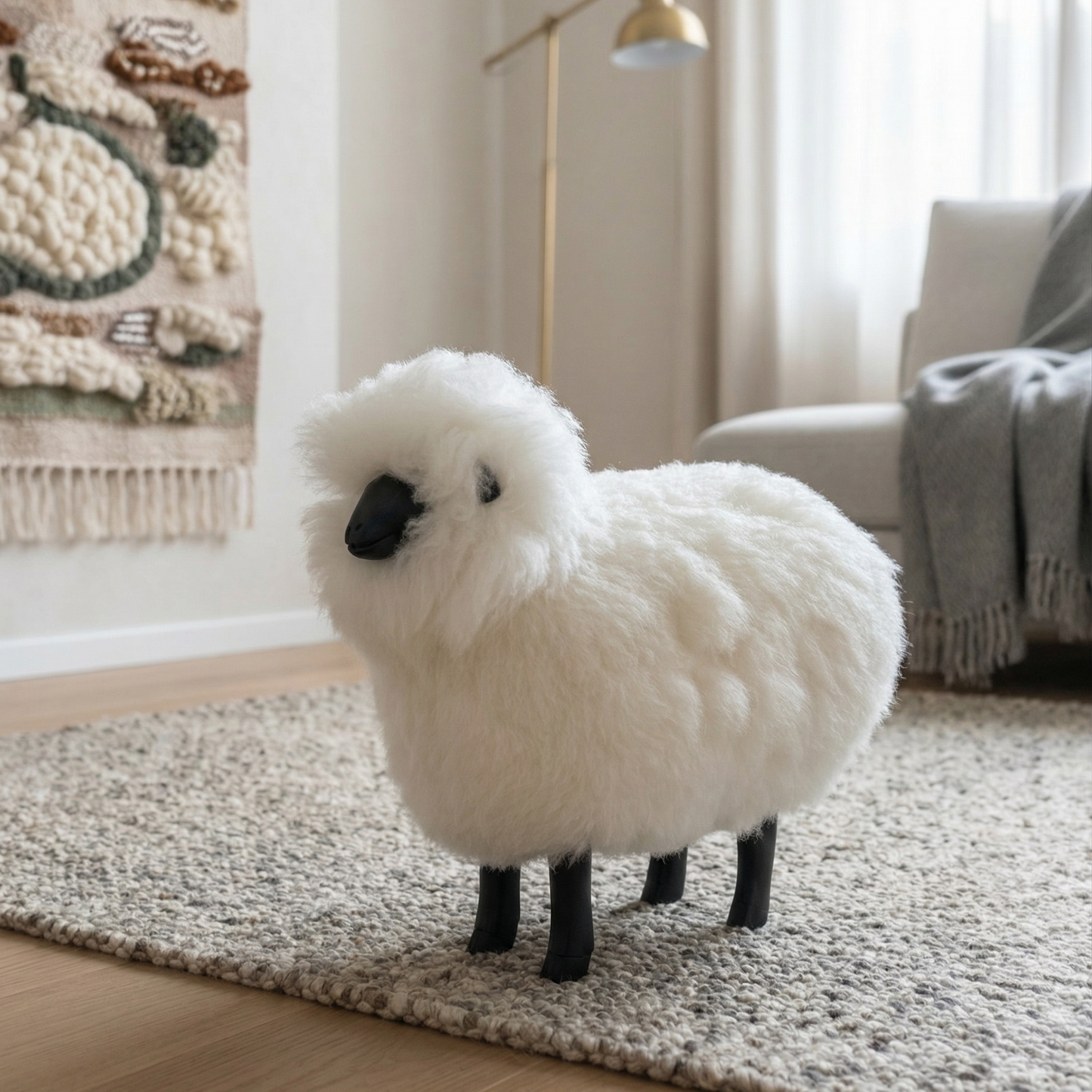 White fluffy toy sheep on a rug in a living room setting
