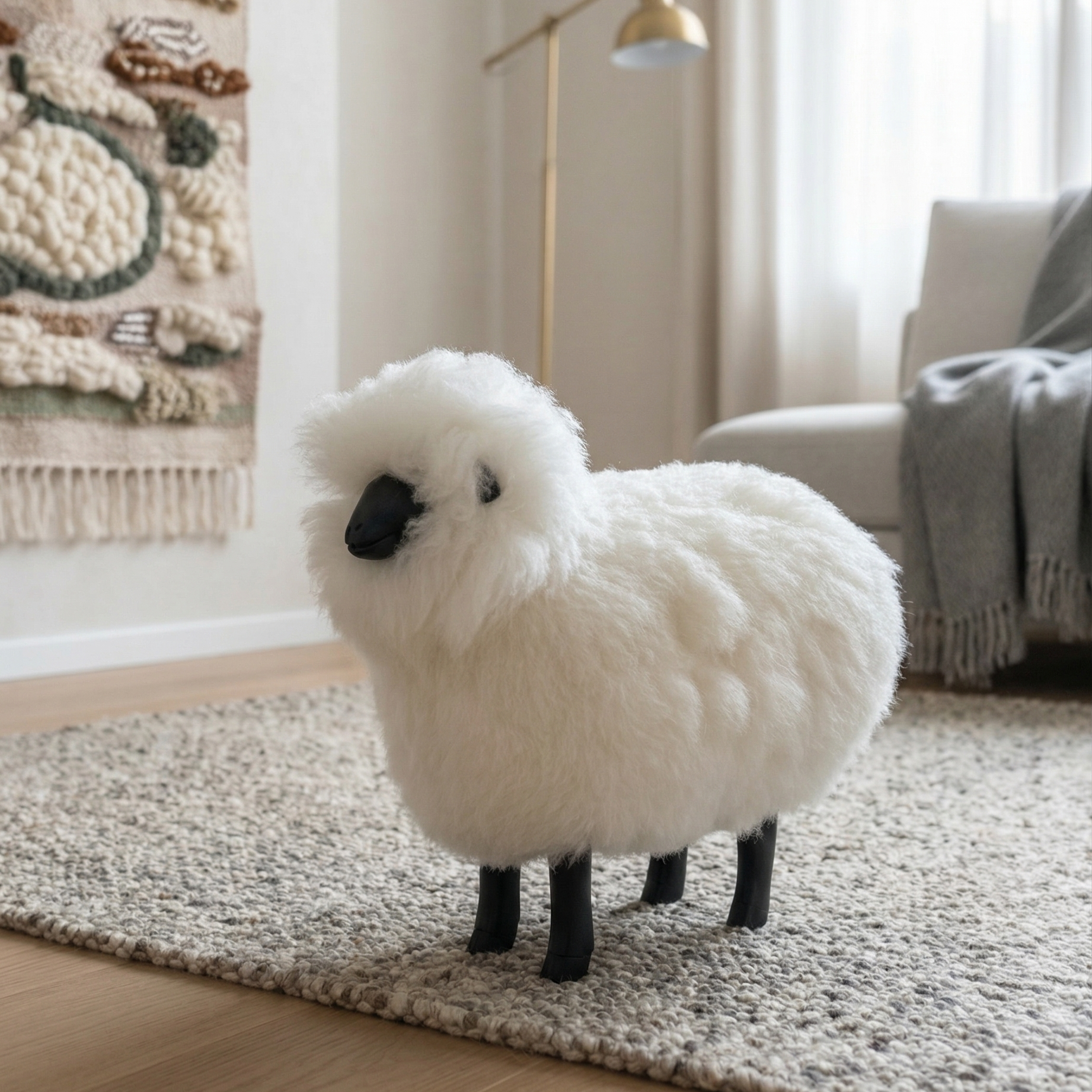 White fluffy toy sheep on a rug in a living room setting