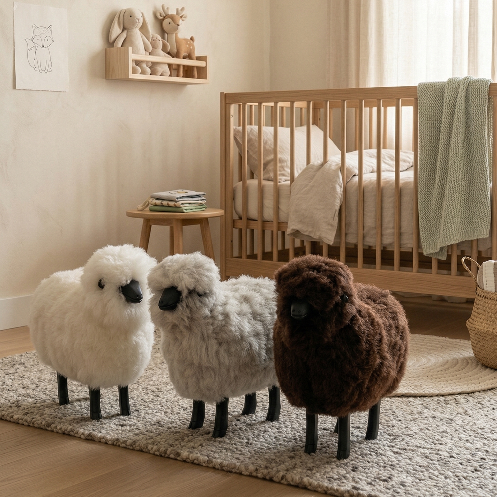Three fluffy sheep toys in a nursery with a crib and decor.