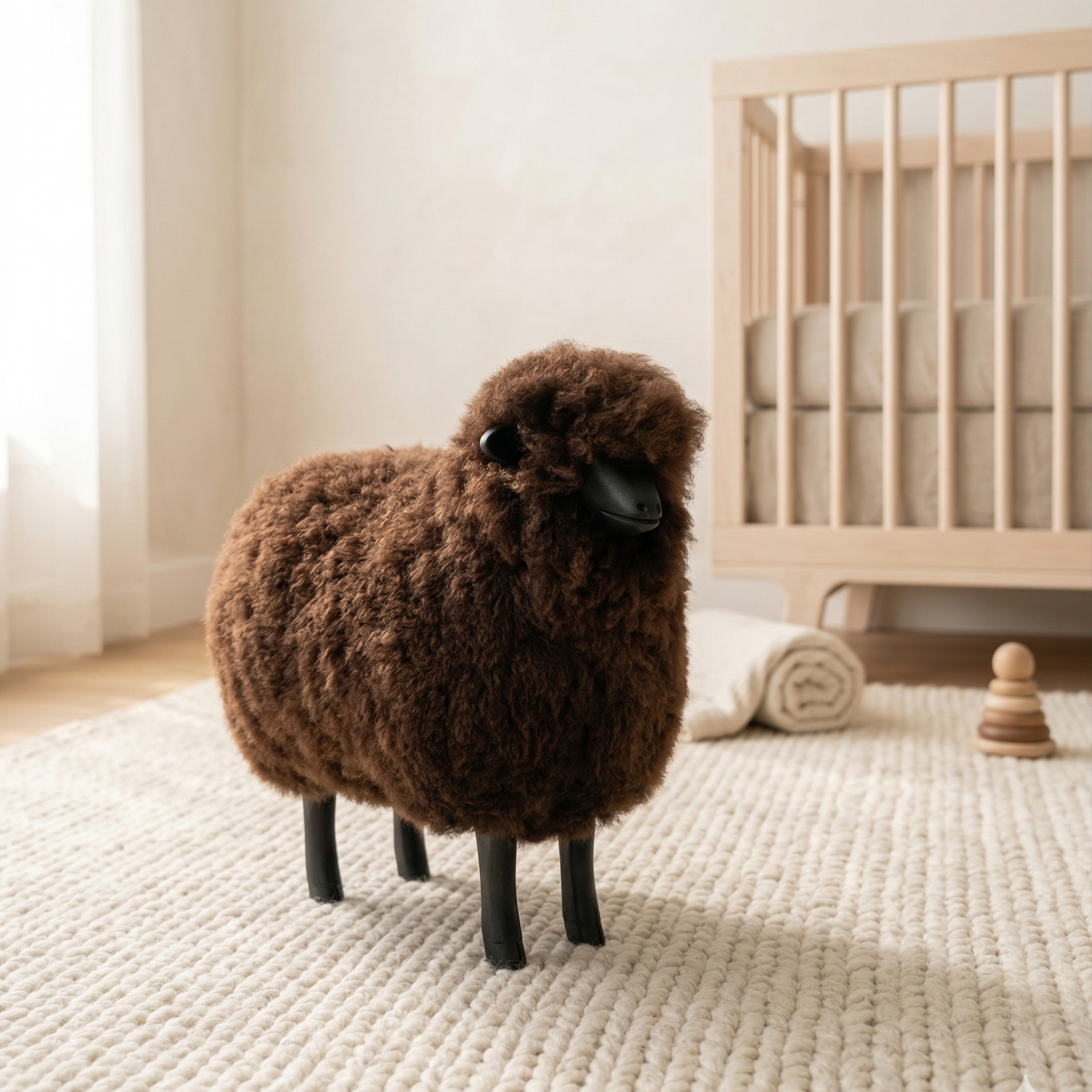 Brown sheep figurine on a textured floor with a crib in the background