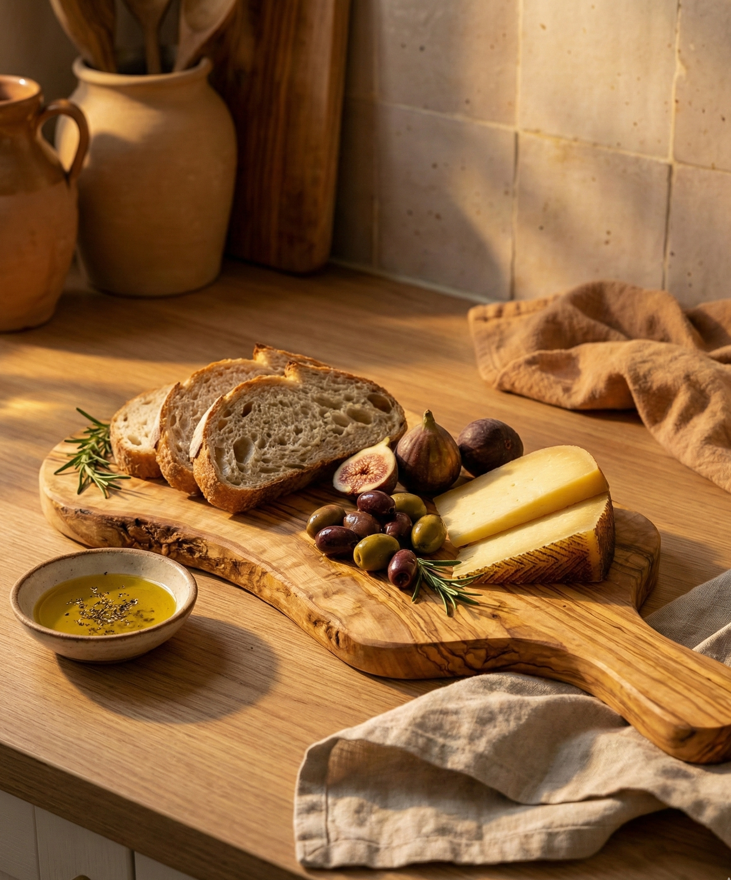 Olive wood cutting board serving cheese, bread, fruit, and appetizers on a dining table.