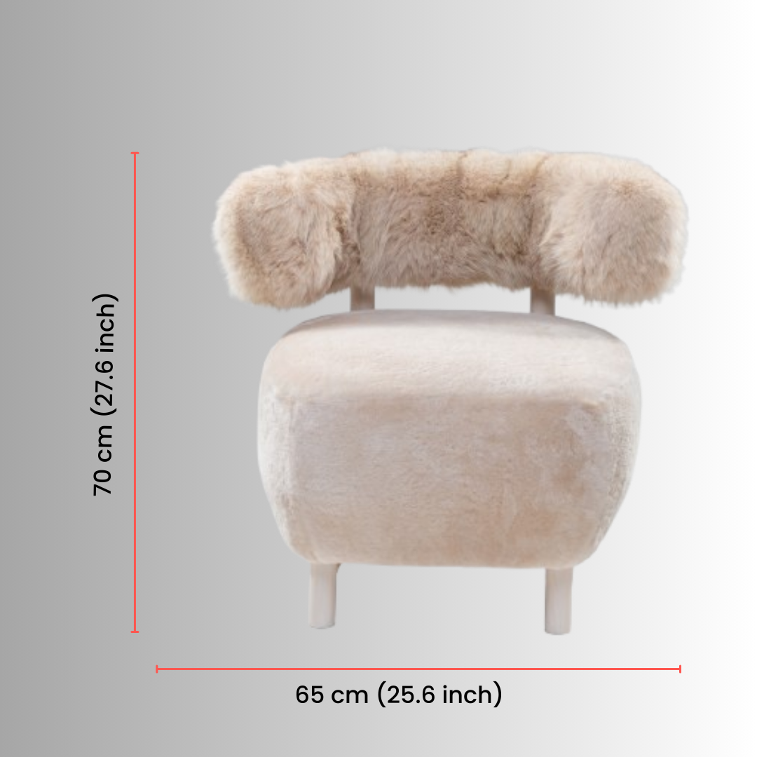 Close-up of the genuine shaved lambskin, vintage fox fur, and natural wood craftsmanship on a luxury handmade accent chair.